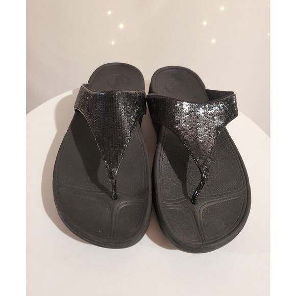 FitFlop Lulu Sequin Platform Post Thong Sandals Size 9M Black Beach Party Glam - Picture 2 of 7